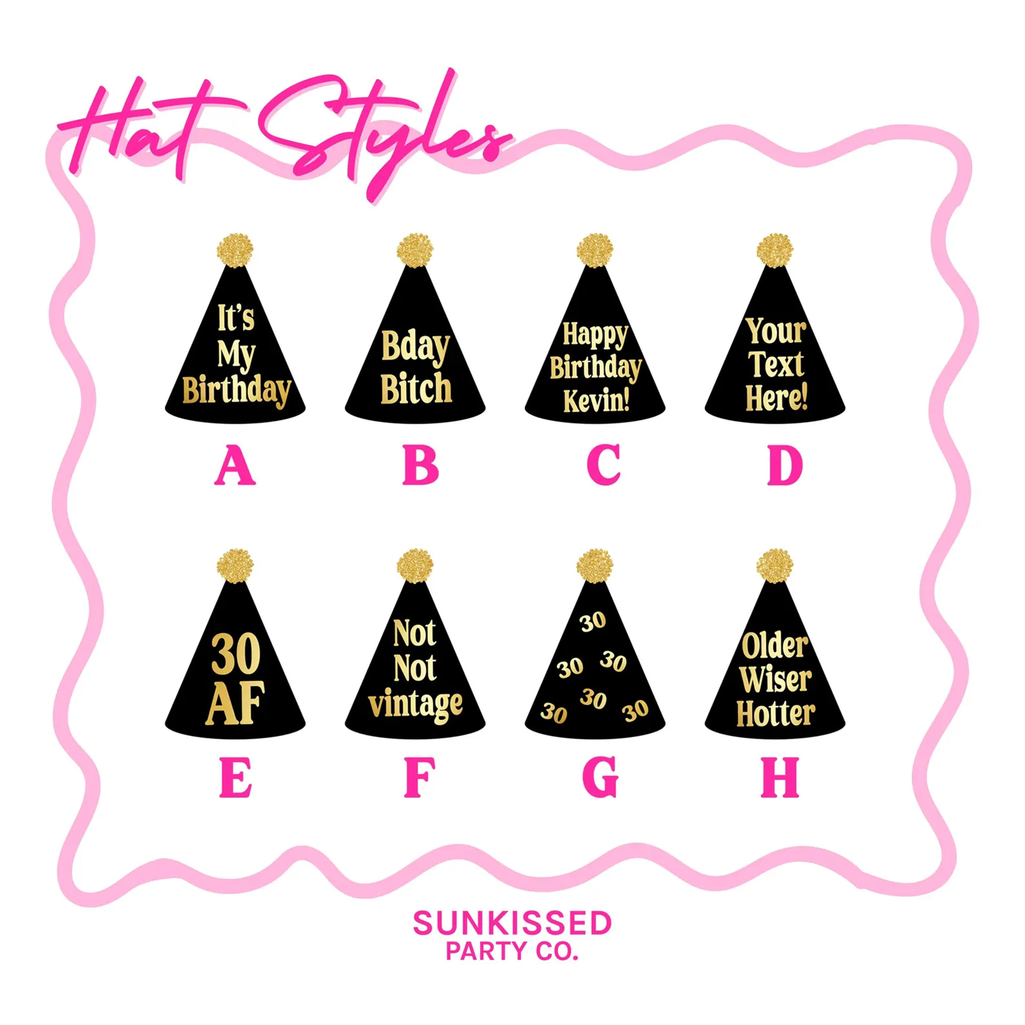 Custom cupcake toppers with party hat designs—personalized décor and dessert accessories for bachelorettes, kids' birthdays, and baby showers.