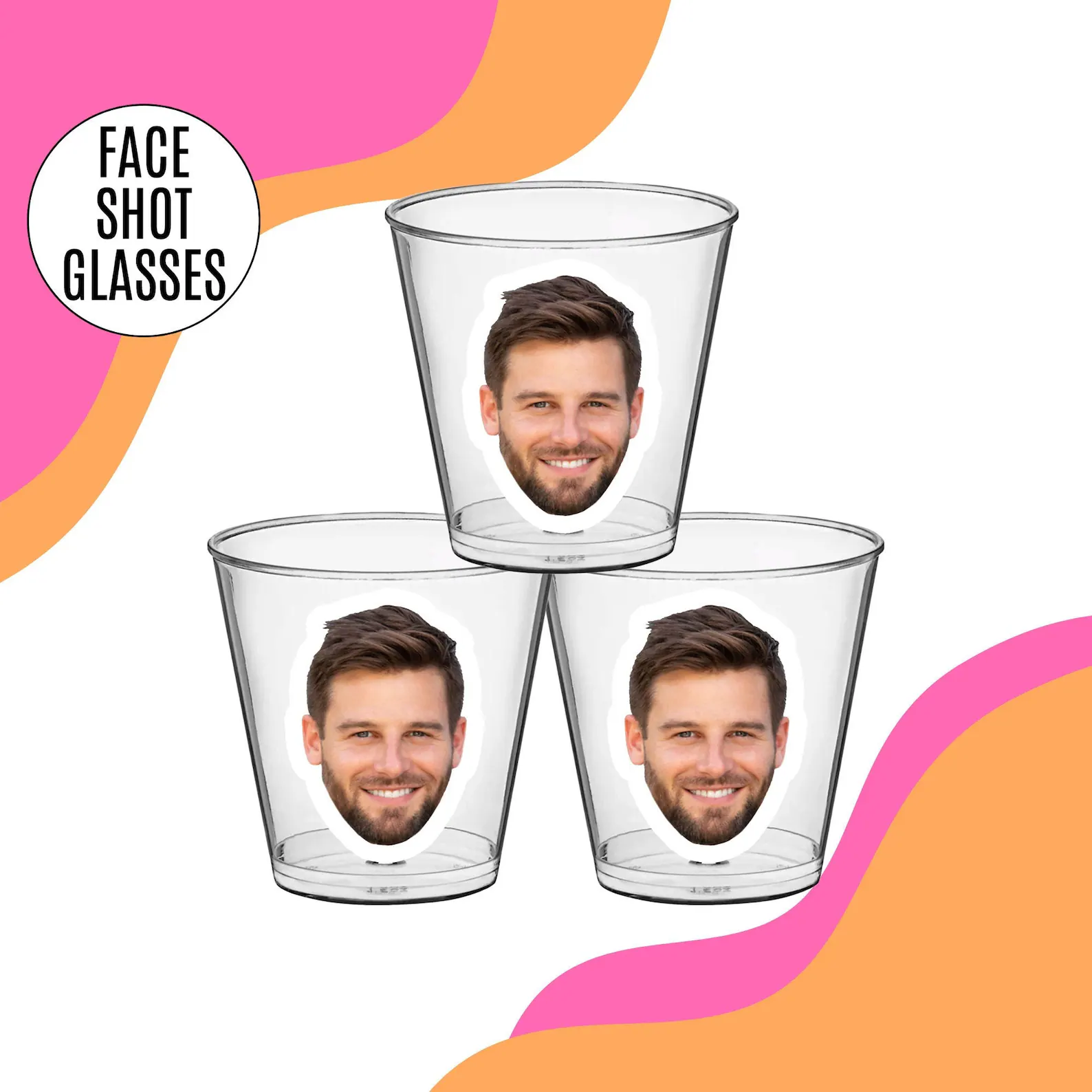 Three clear shot glasses with a person's face printed on them. Custom Drinkware and Party Supplies for Bachelorettes and Birthdays.