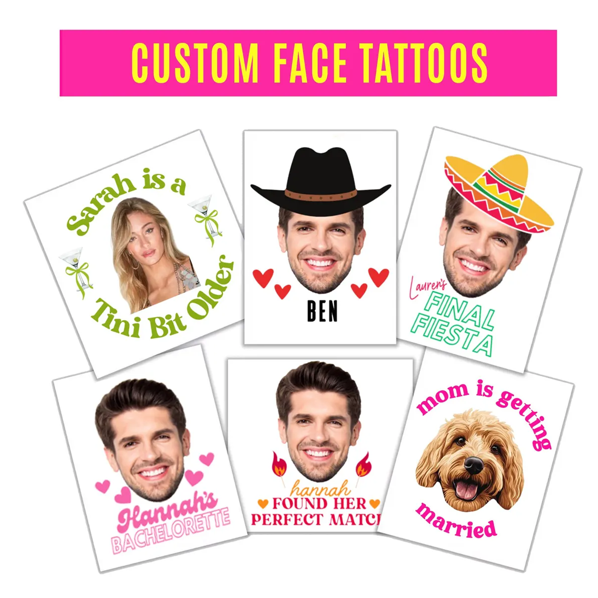 Custom face temporary tattoos for themed bachelorette parties—fun party supplies and personalized party favors!