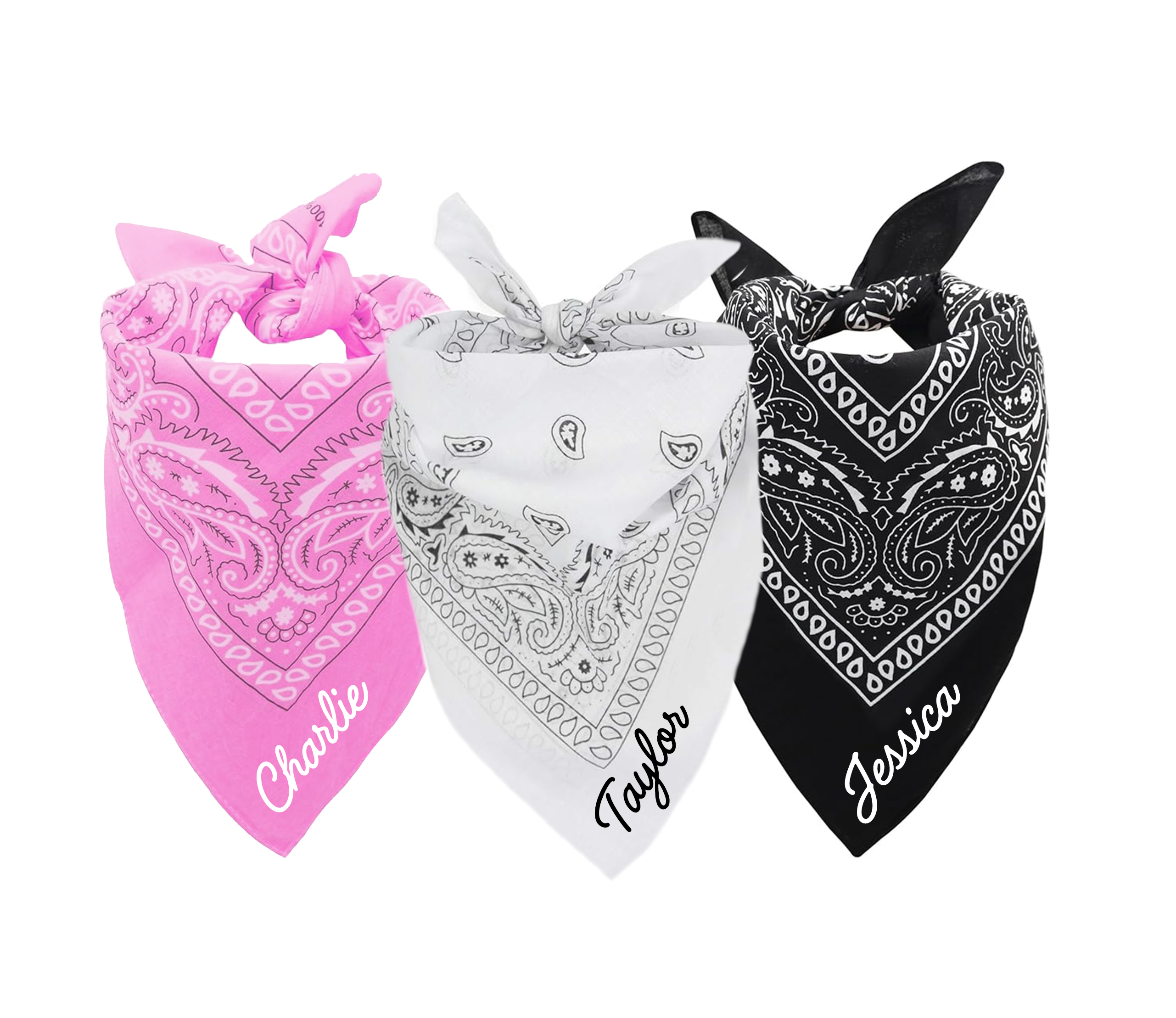 Personalized bandanas for bachelorette or kids parties, music festivals, state fairs, and themed celebrations—Western, Last Rodeo, and disco cowgirl party accessories and favors.