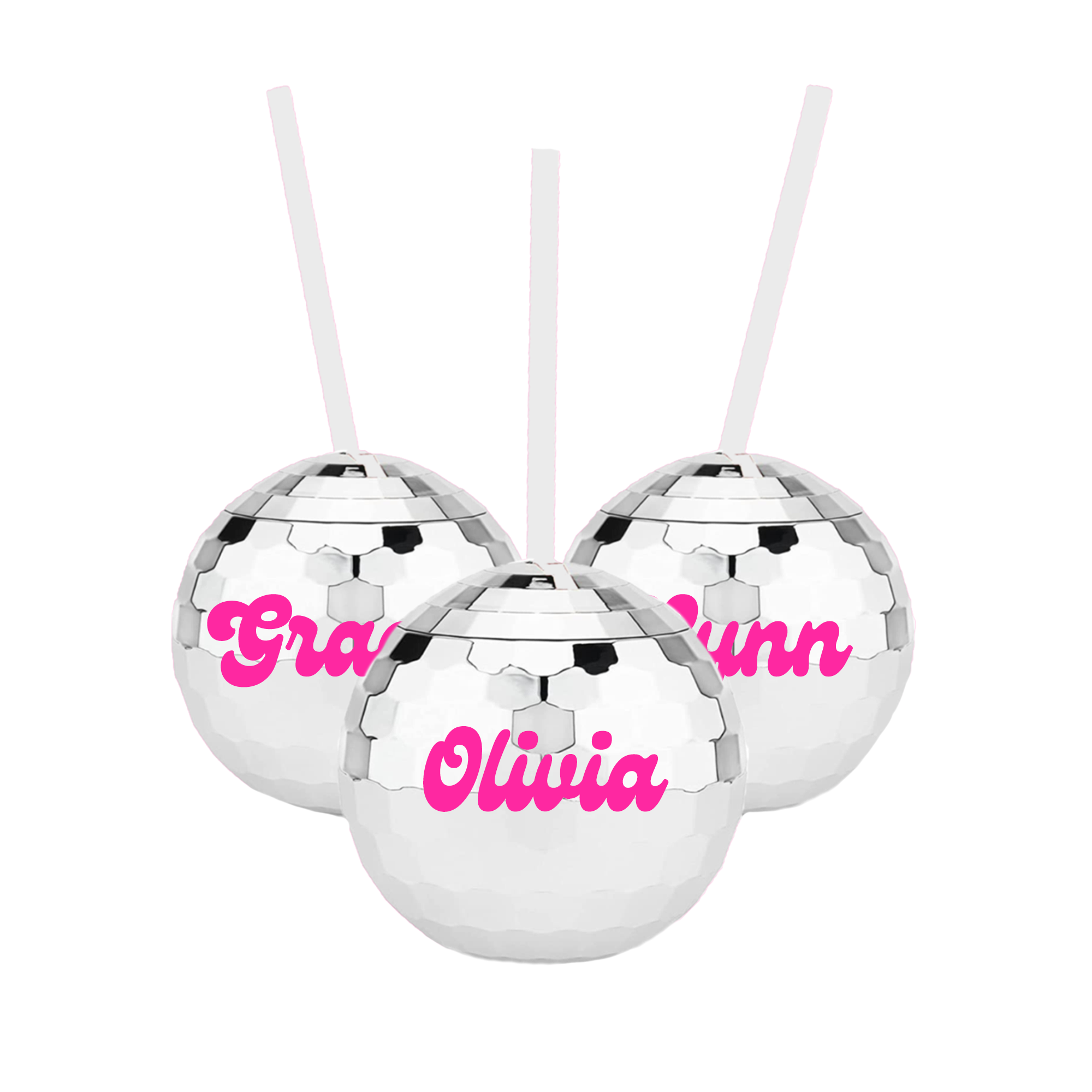 Personalized disco ball drink tumbler with straw—perfect Dancing Queen 70s-themed party supplies for birthdays, bachelorette parties, and girls’ trips.