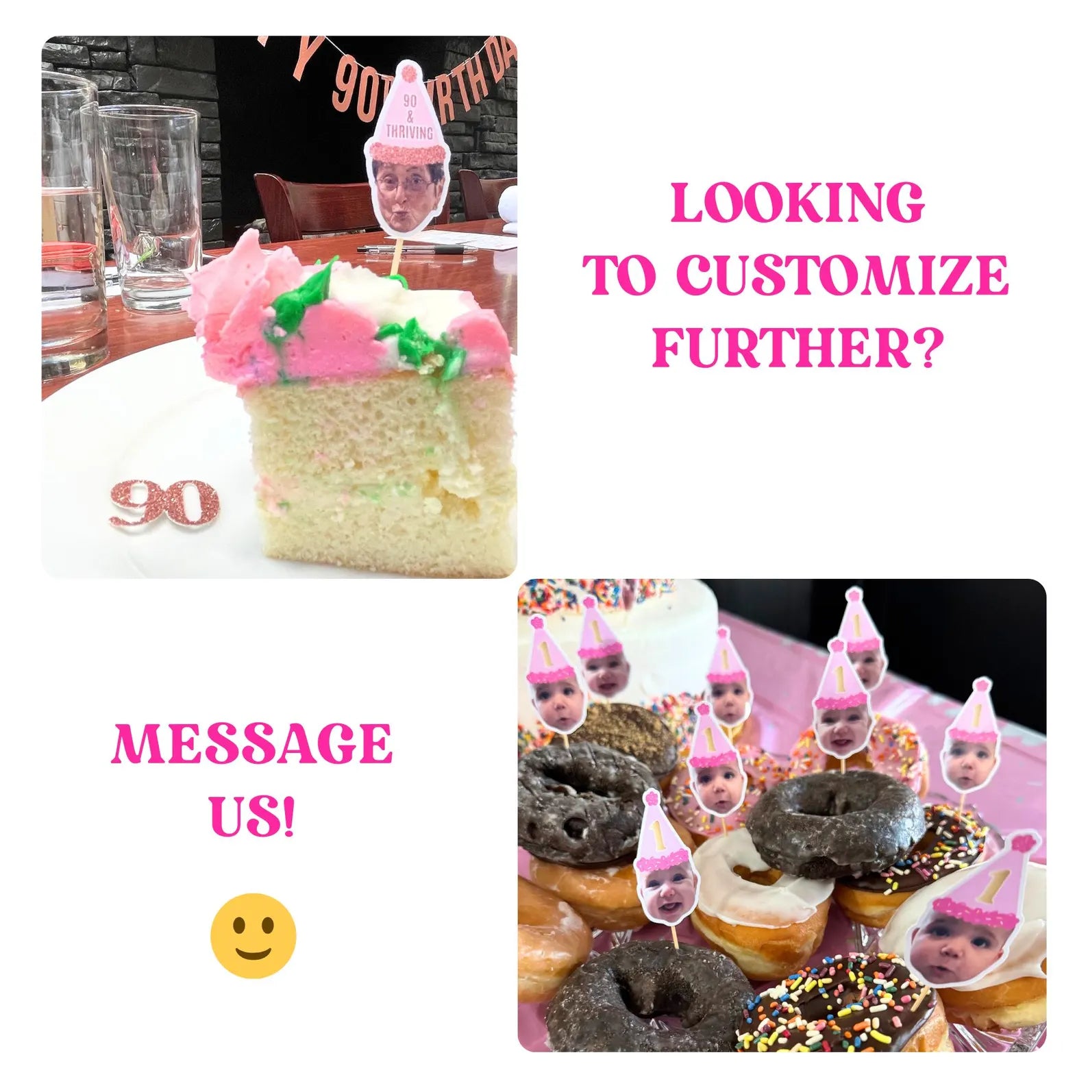 Customer photo reviews of personalized face cupcake toppers—perfect for birthdays, milestone celebrations, and themed party décor. Babies first birthday and 90th birthday celebrations!