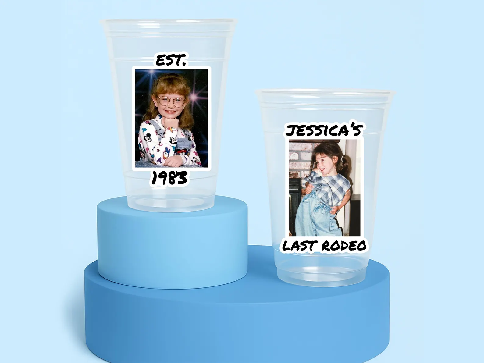 Custom face stadium cups—Polaroid picture party drinkware for birthdays, bachelorette parties, tailgates and more.