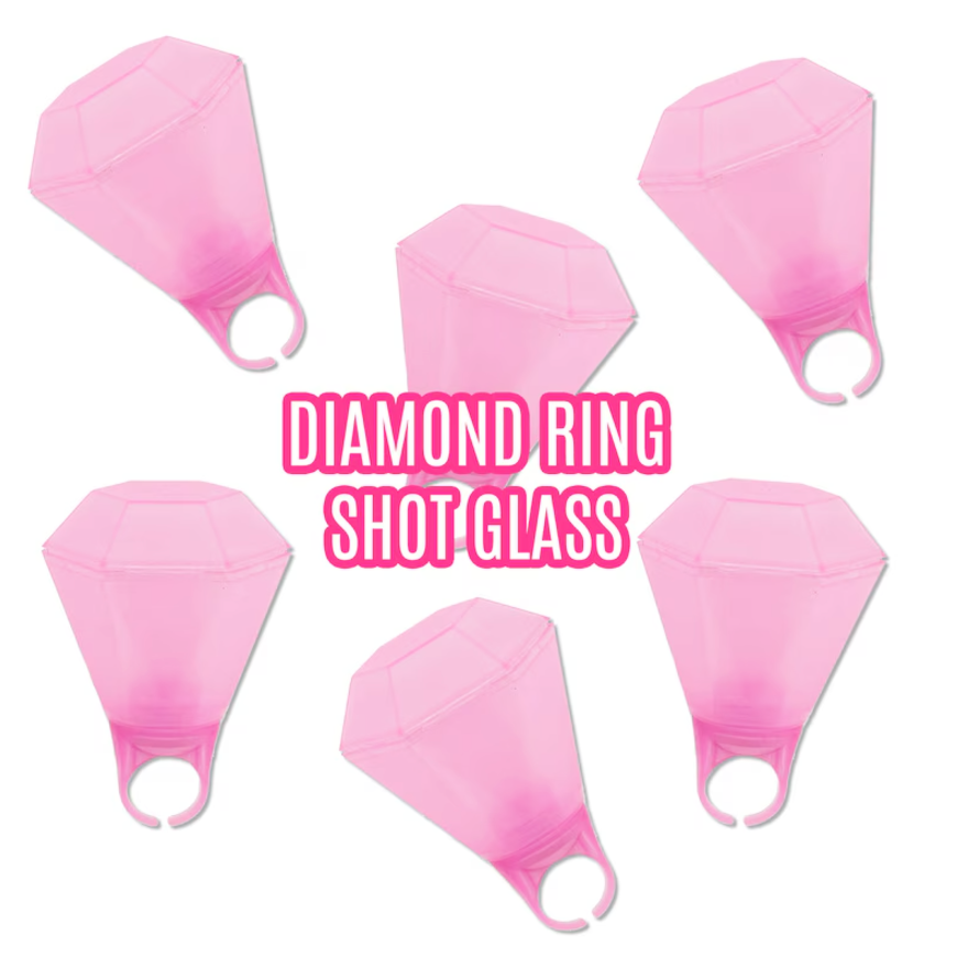 Pink plastic diamond ring reusable shot glasses for bachelorettes or birthdays. novelty shot glasses bought for a fun gift or party favor for any celebration. 
