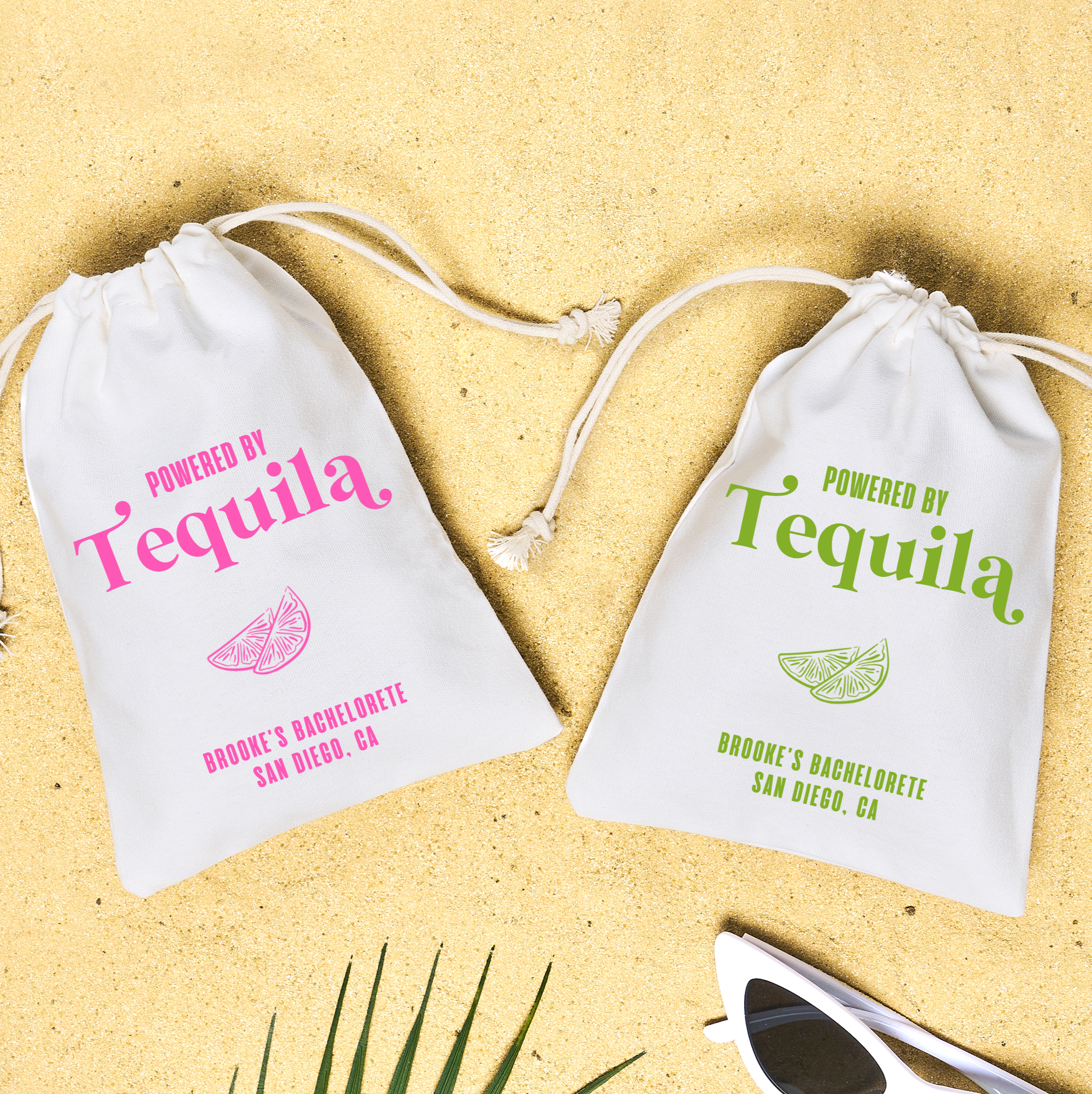 Powered by Tequila hangover kit for a Final Fiesta bachelorette party in Mexico—Personalized canvas drawstring party favor bags, perfect as bridesmaid gifts and bride recovery kits.