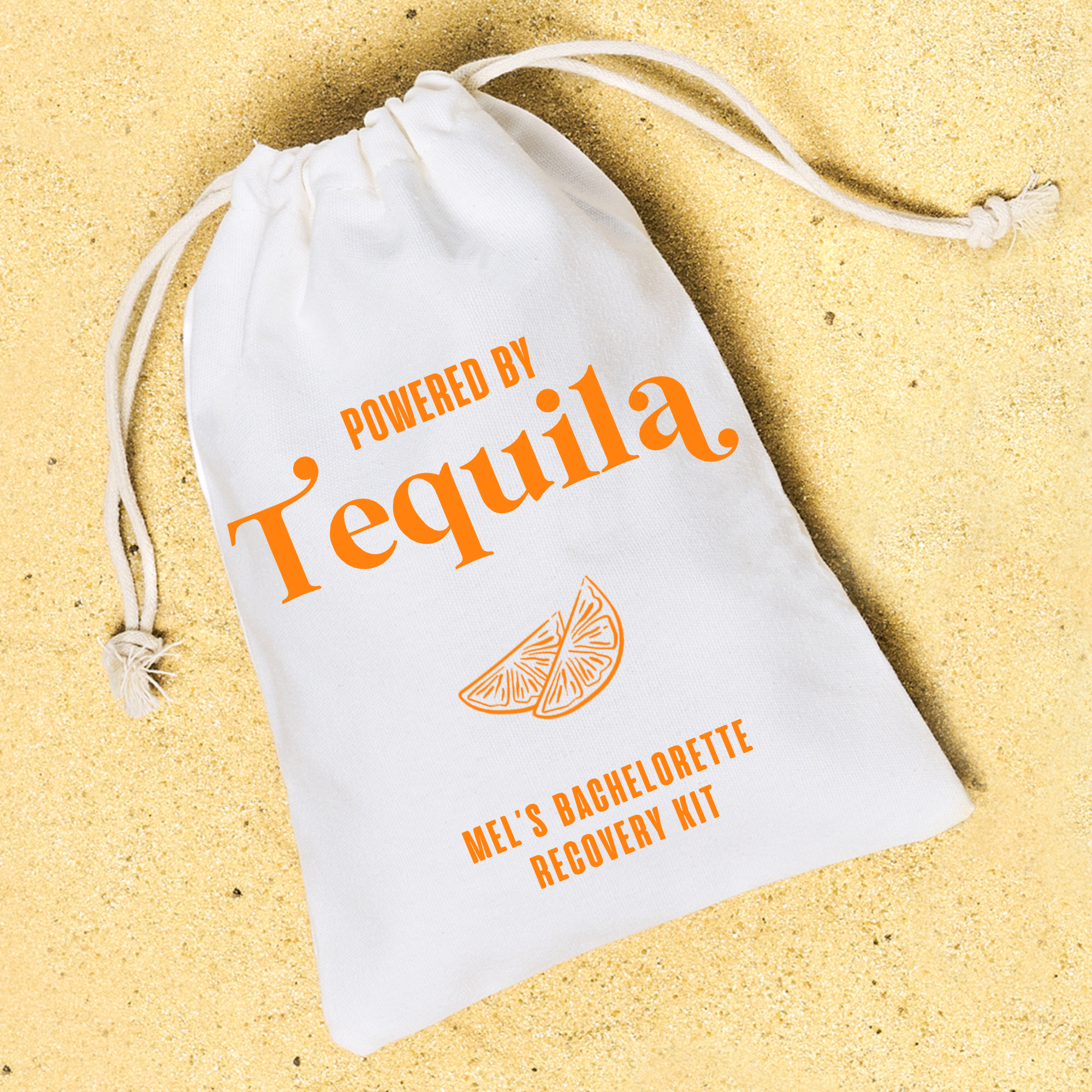 Powered by Tequila recover kit for a Final Fiesta birthday celebration—Custom reusable premium cotton drawstring party favors. 