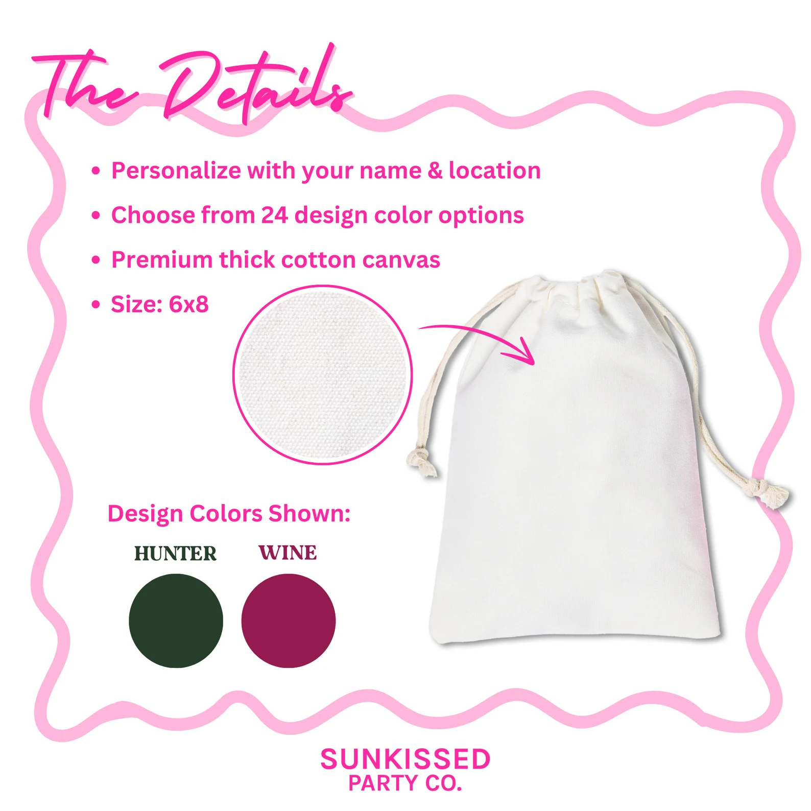 Custom camp bachelorette hangover kit bag – 6x8 cotton canvas drawstring favor, personalized for girls trip or party.