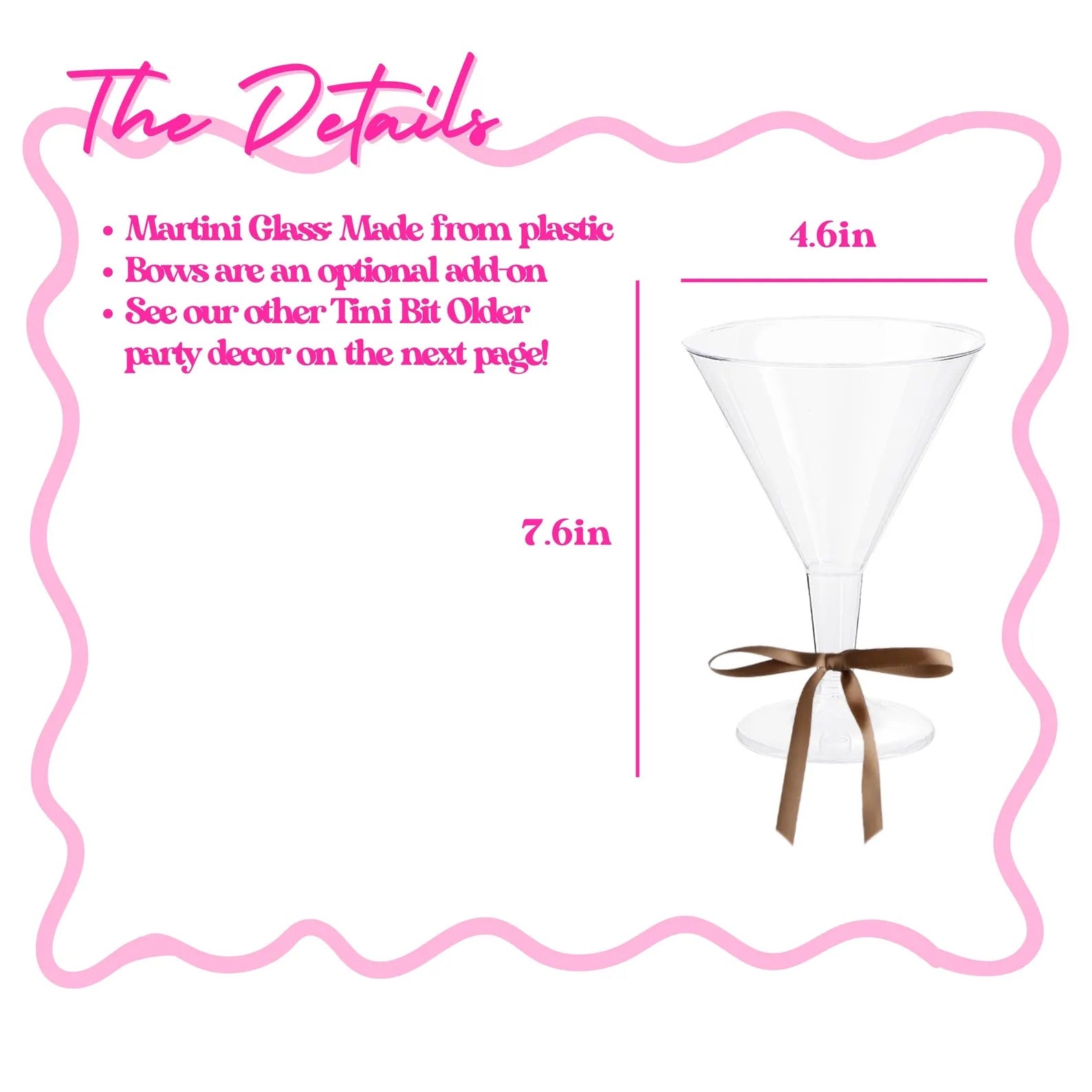 7.6” reusable plastic martini glasses with cute bow cocktail charms – fun party drinkware to elevate bachelorette party decor.
