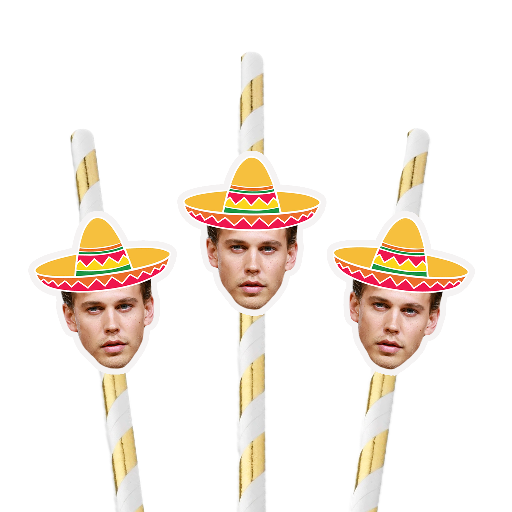 Three personalized face paper straws with colorful sombrero hats and cut-out faces on a white background