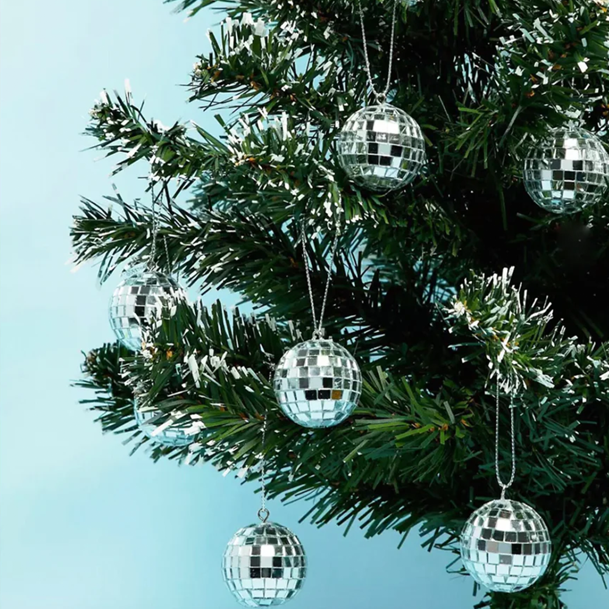 Sparkling Mini Silver Disco Ball Ornaments Hanging on Christmas Tree – Shiny Mirrored Holiday Decor