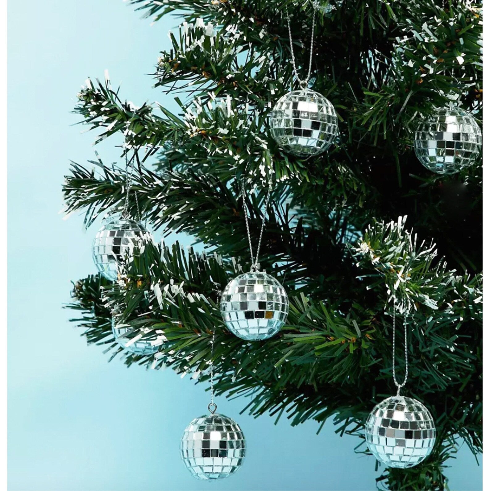 Sparkling Mini Silver Disco Ball Ornaments Hanging on Christmas Tree – Shiny Mirrored Holiday Decor