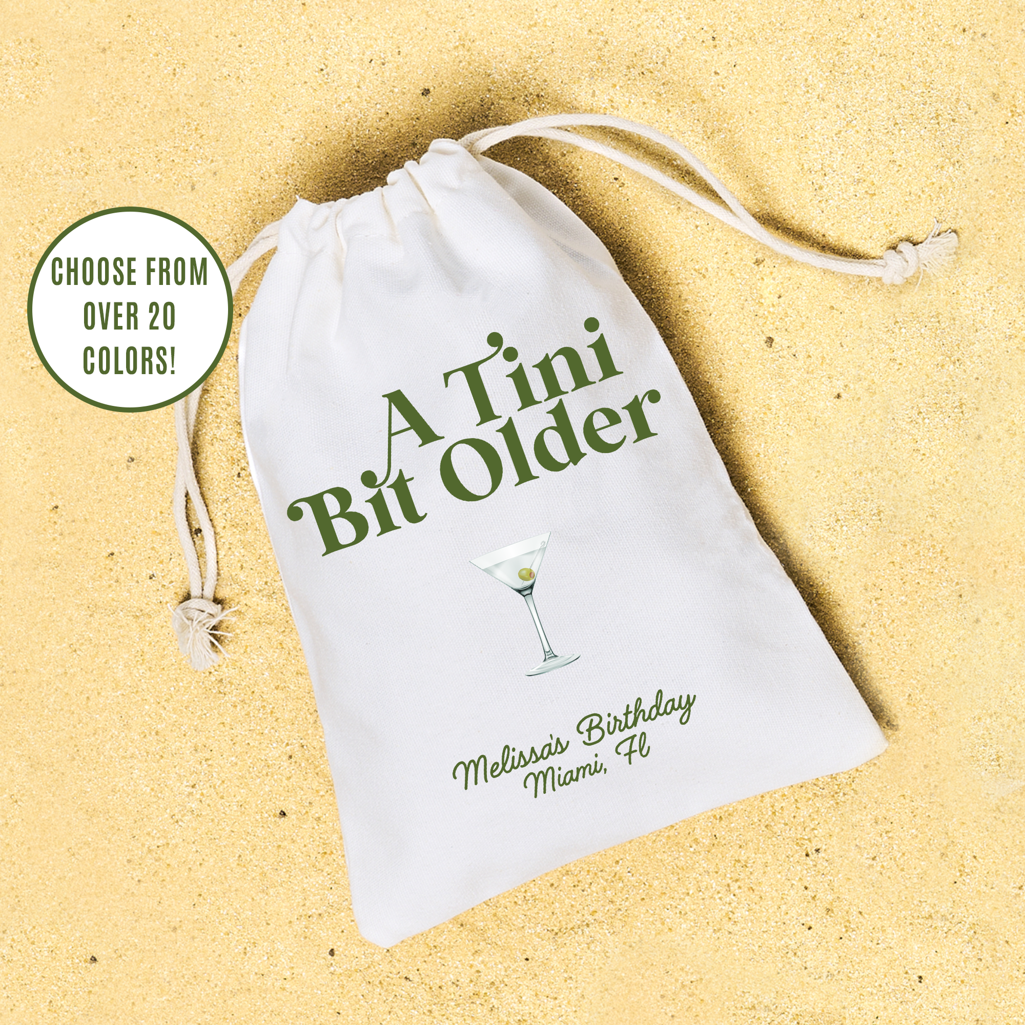 'Tini Bit Older' Hangover Kit with customizable dirty martini design—fun Dirty 30 birthday party favor for friends and adult celebrations.