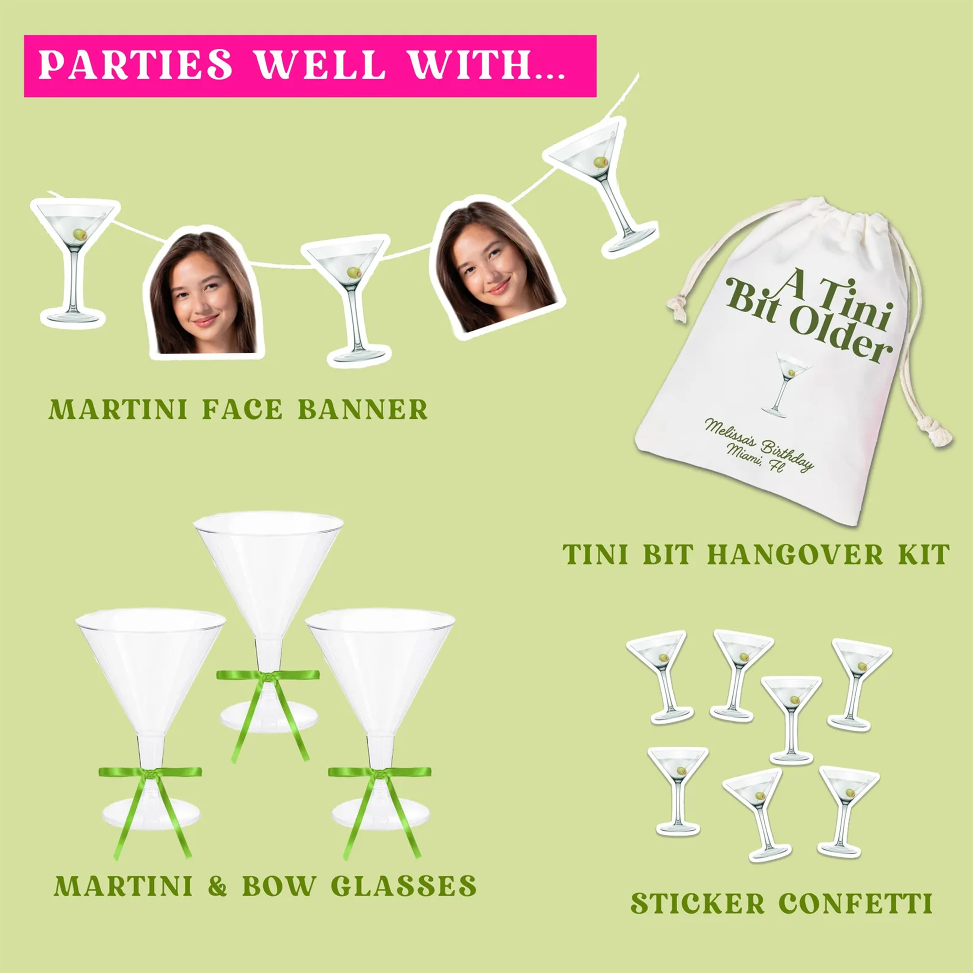 Bundle of party supplies like martini face garland, custom 'tini bit older' hangover kit, satin bow martini glasses, and dirty martini confetti for dirty thirty themed birthday party!