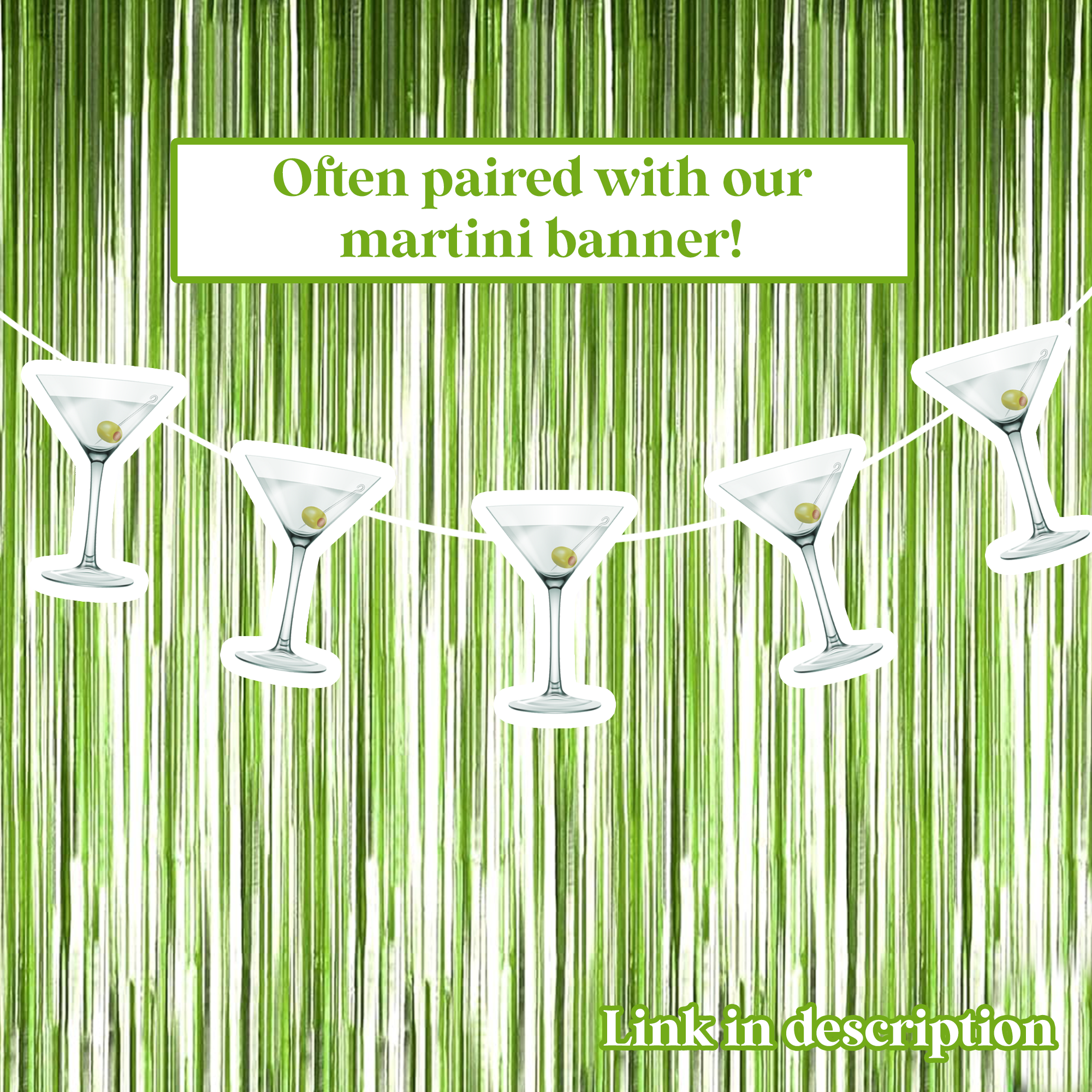 Tini Bit Older Birthday Celebration banner with 6 Dirty Martini glasses strung like garland—fun wall decor and party supplies for birthdays or adult celebrations.