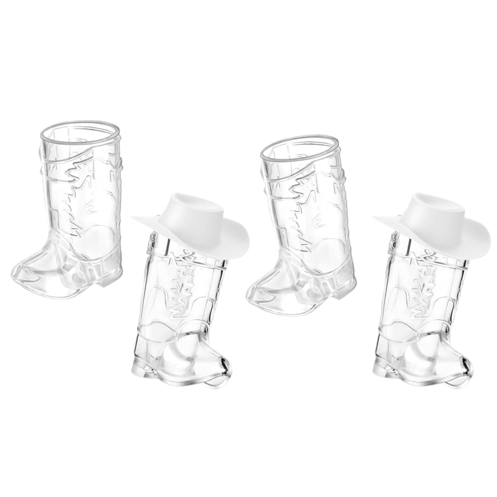 1oz reusable plastic cowboy boot shot glasses with mini cowgirl hats – fun bachelorette party drinkware and cocktail decorations.