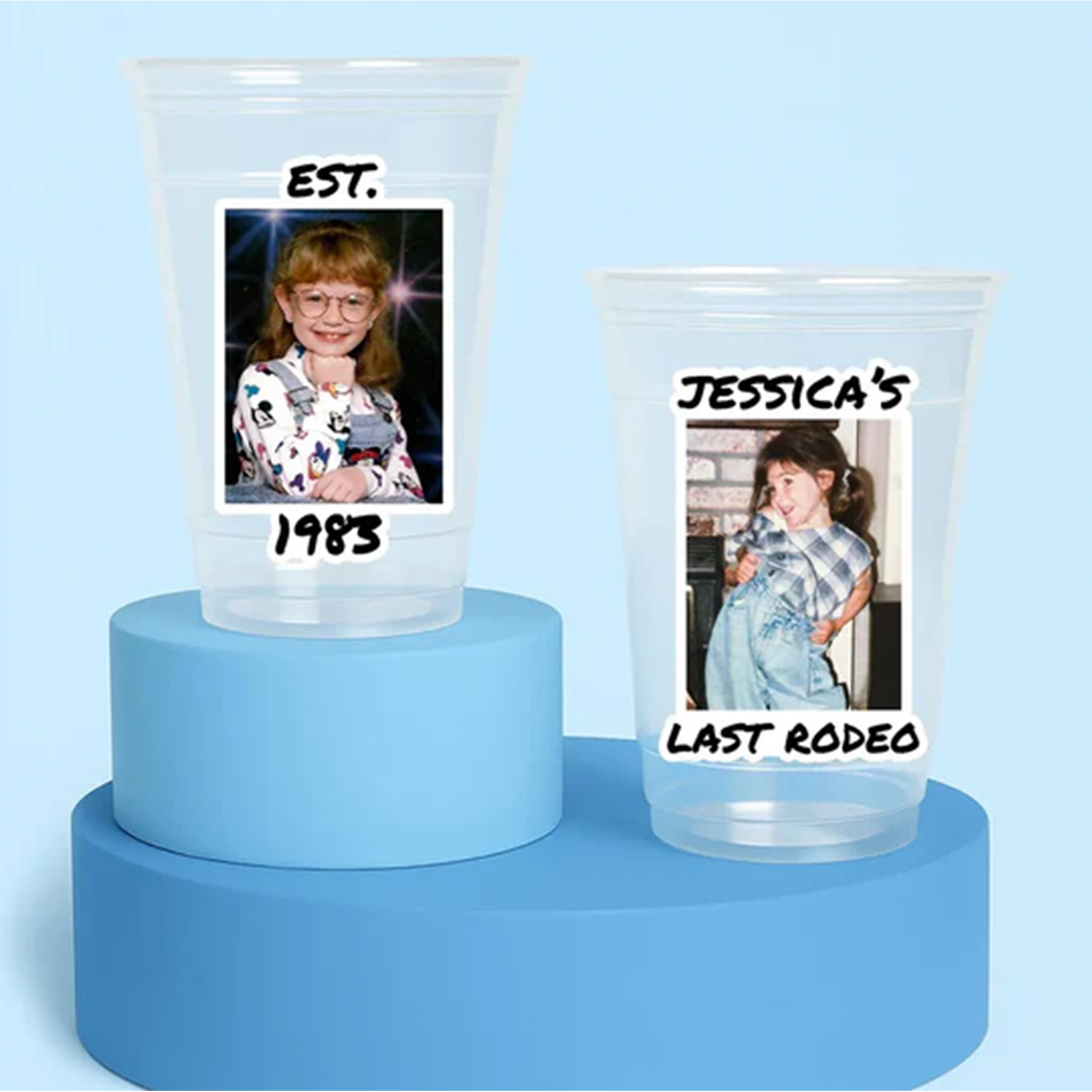 Custom face stadium cups—Polaroid picture party drinkware for birthdays, bachelorette parties, tailgates and more.