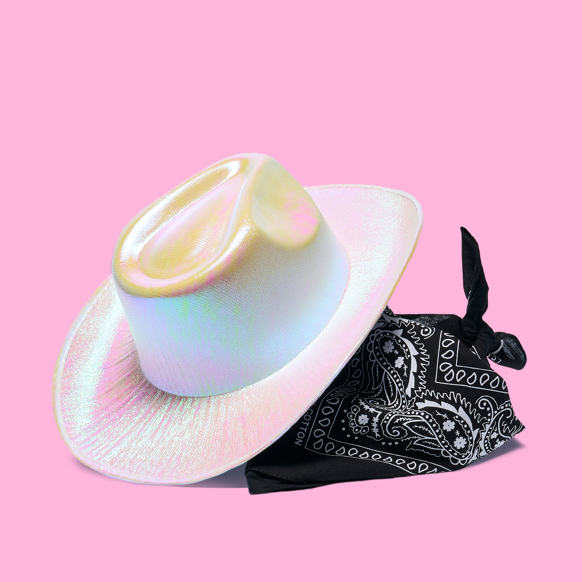 White iridescent cowgirl hat with black bandana—party supplies and themed outfit accessories for Nashville trip, bachelorettes, and birthdays.