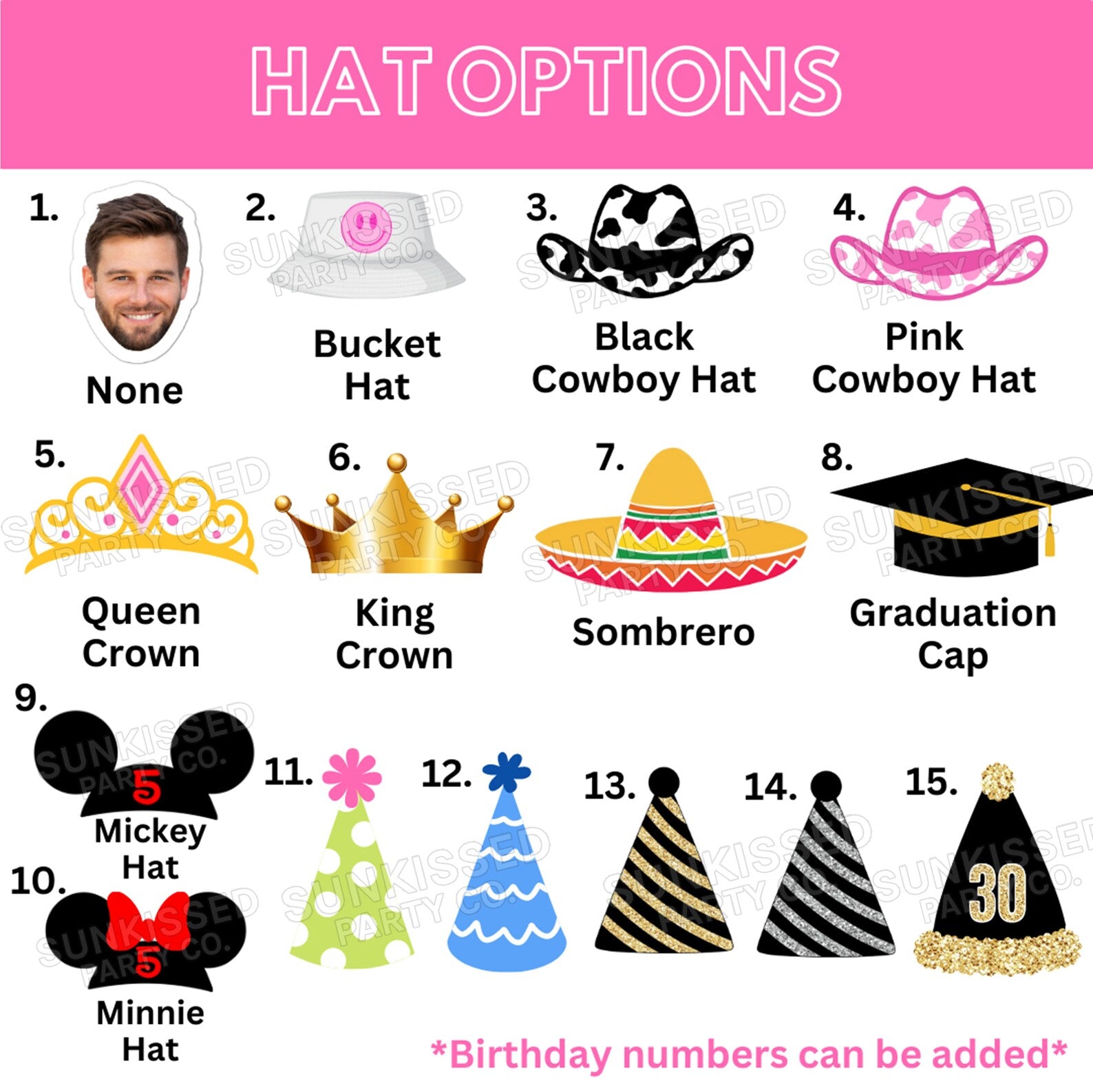 Chart of various hat options for custom cocktail, dessert and snack picks/candles.  Perfect for birthdays and themed party decorations.