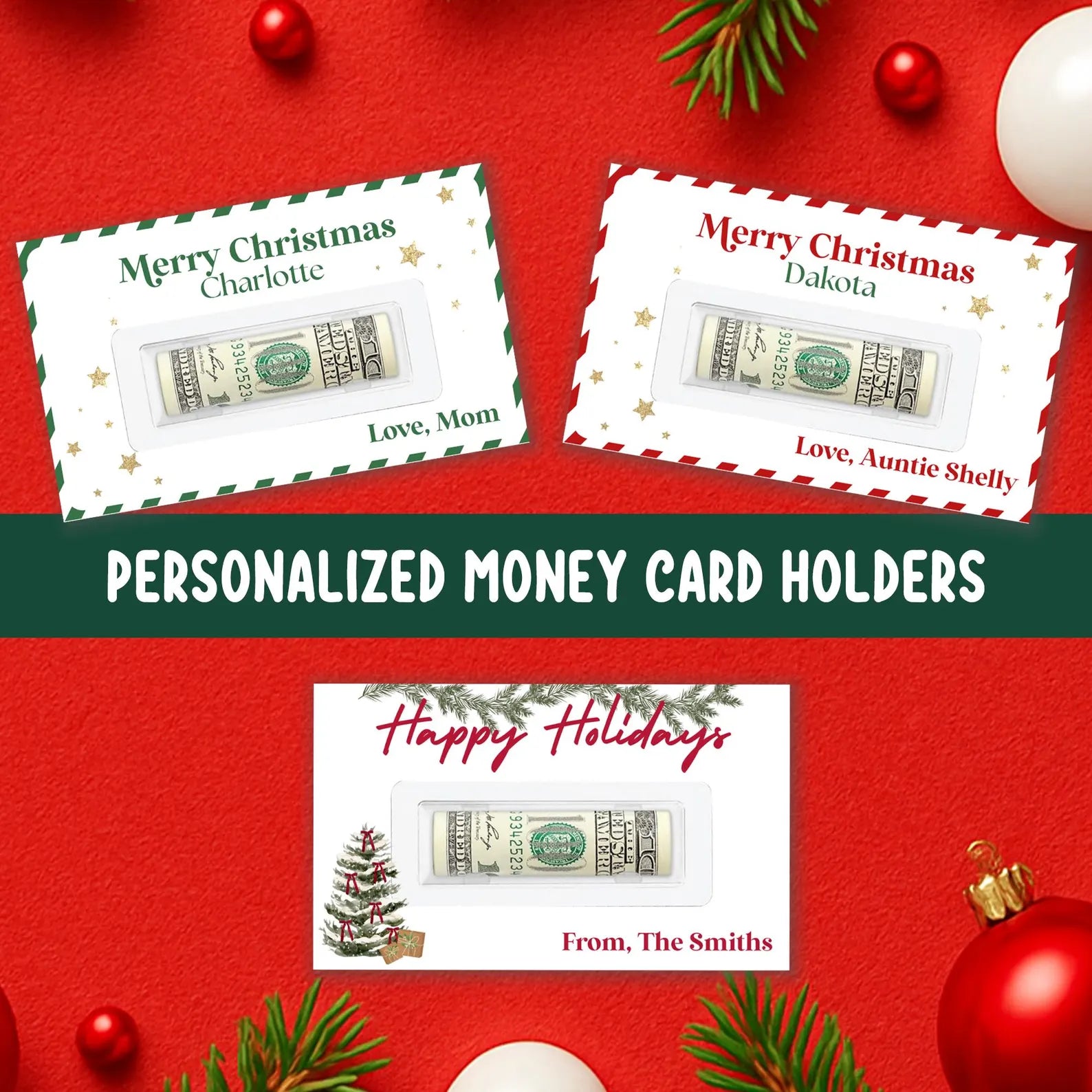 Personalized Christmas money card holder for kids, daughters, grandchild, or friends – fun DIY cash gift and festive stocking stuffer.