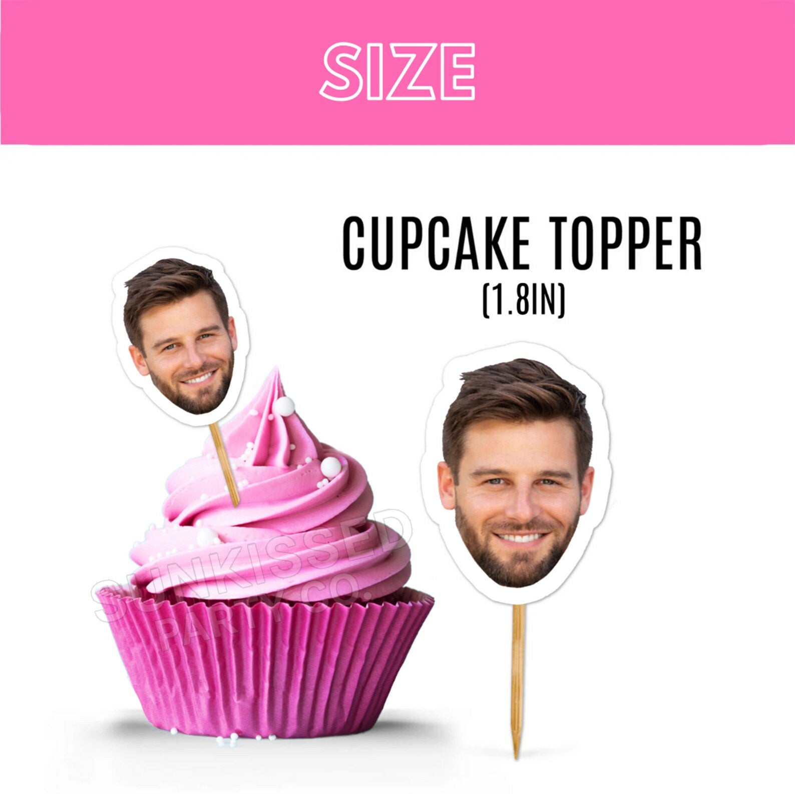 Personalized face cupcake toppers arranged on desserts, featuring high-quality 1.8 inch photo cutouts and fun hat options for birthdays, parties, and celebrations.