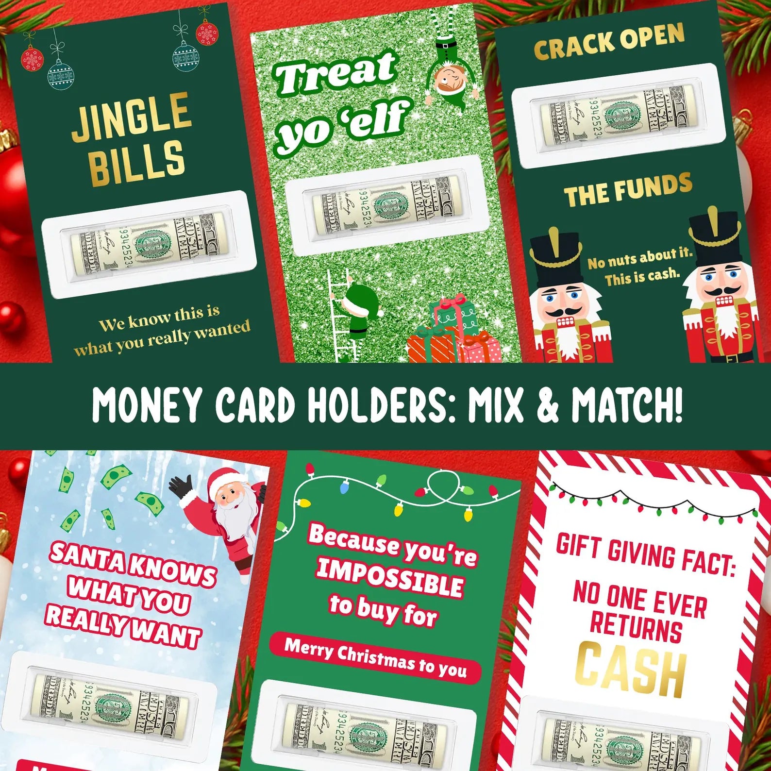 Holiday personalized money card holder – fun Christmas stocking stuffer, custom cash gift for family, kids, or friends with fast shipping.
