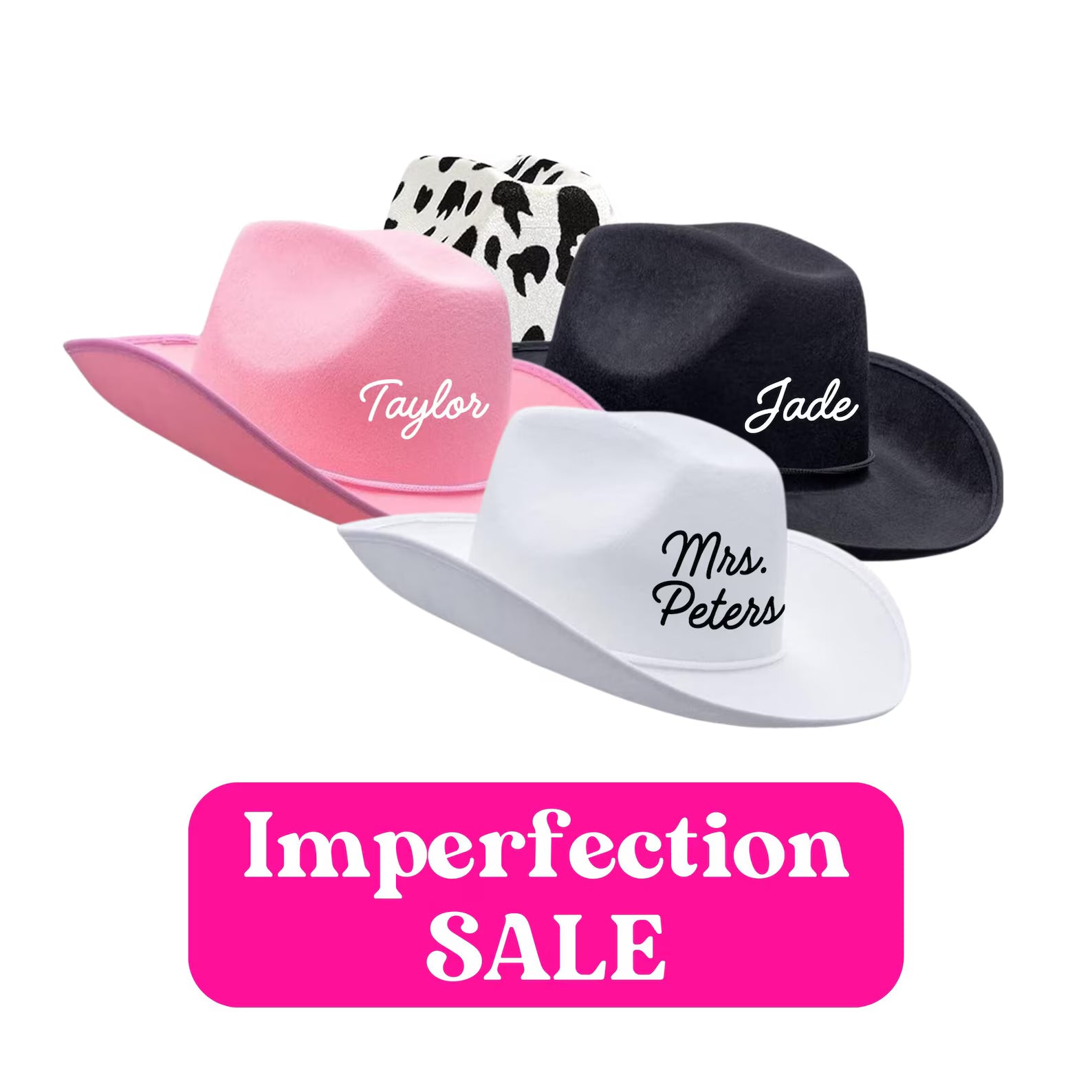 Custom cowgirl hats on sale due to imperfections. Personalized western hats used as bridesmaid party favors for bachelorette party accessories, Western birthday celebrations, and bridal party outfits. 