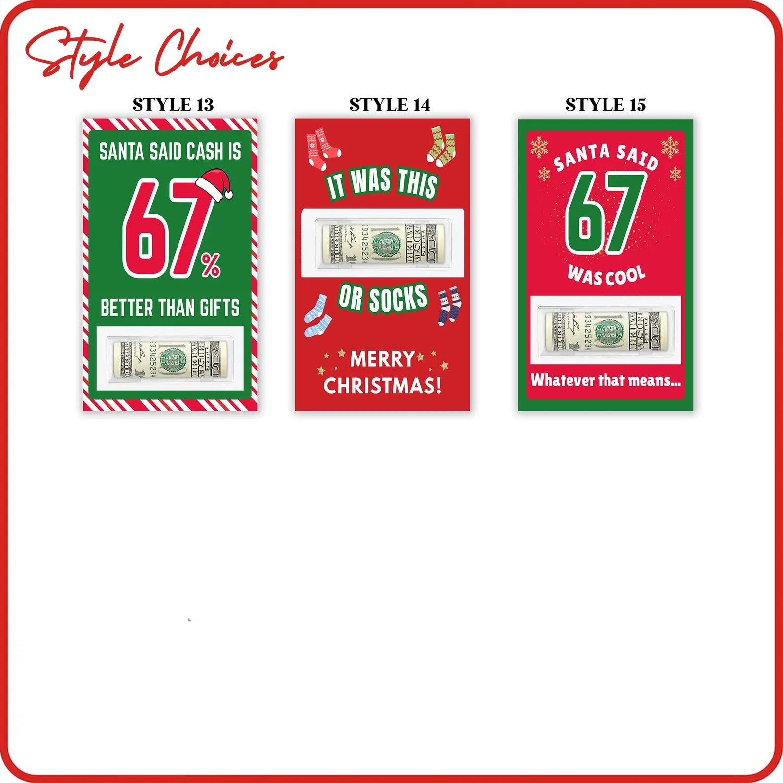 Three Christmas-themed cards with humorous text and money graphics on a white background. Kids 6 7 gunny gifts.