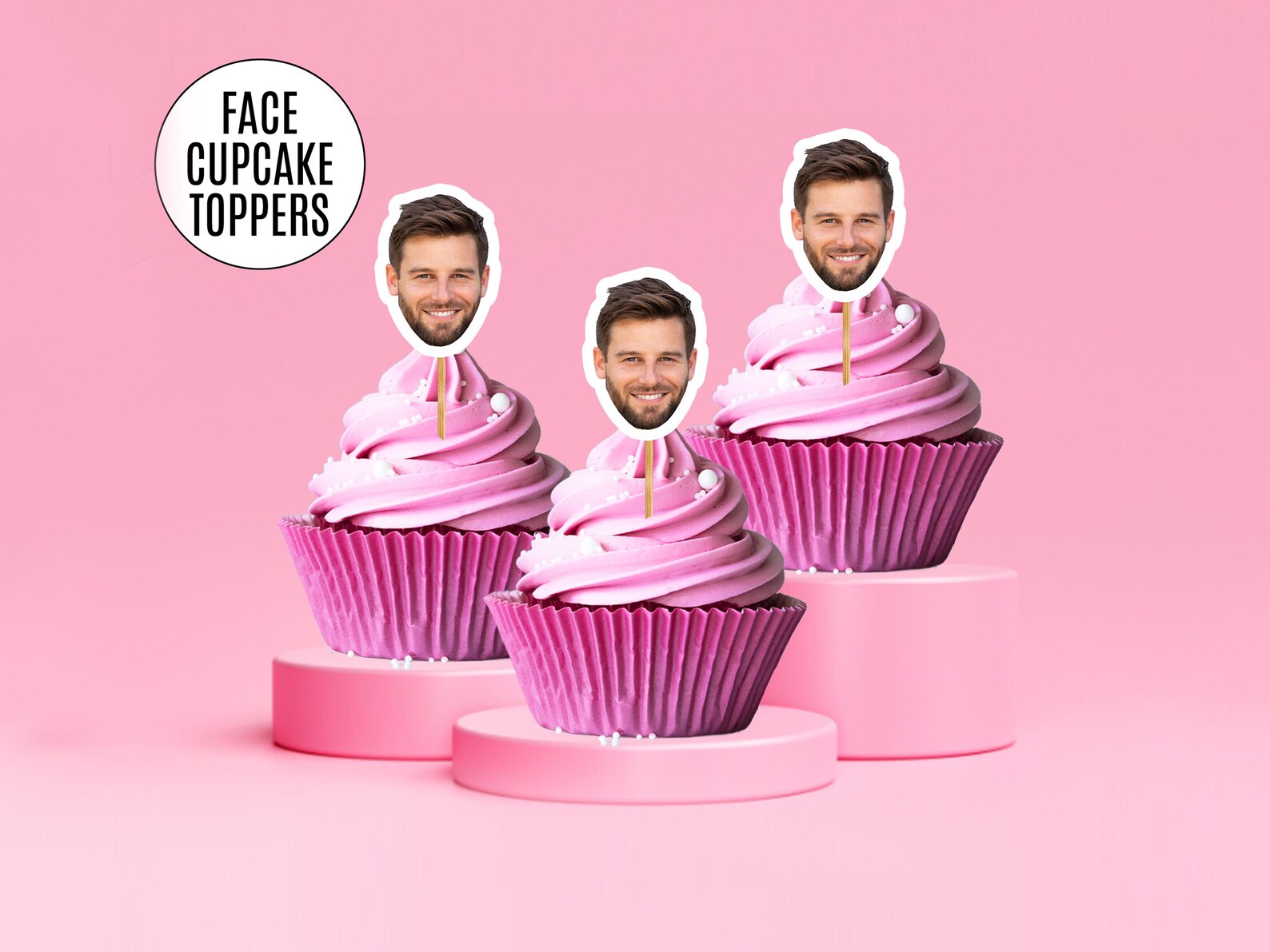 Custom face cupcake toppers with personalized photo cutouts and optional hats displayed on cupcakes for party or birthday celebrations