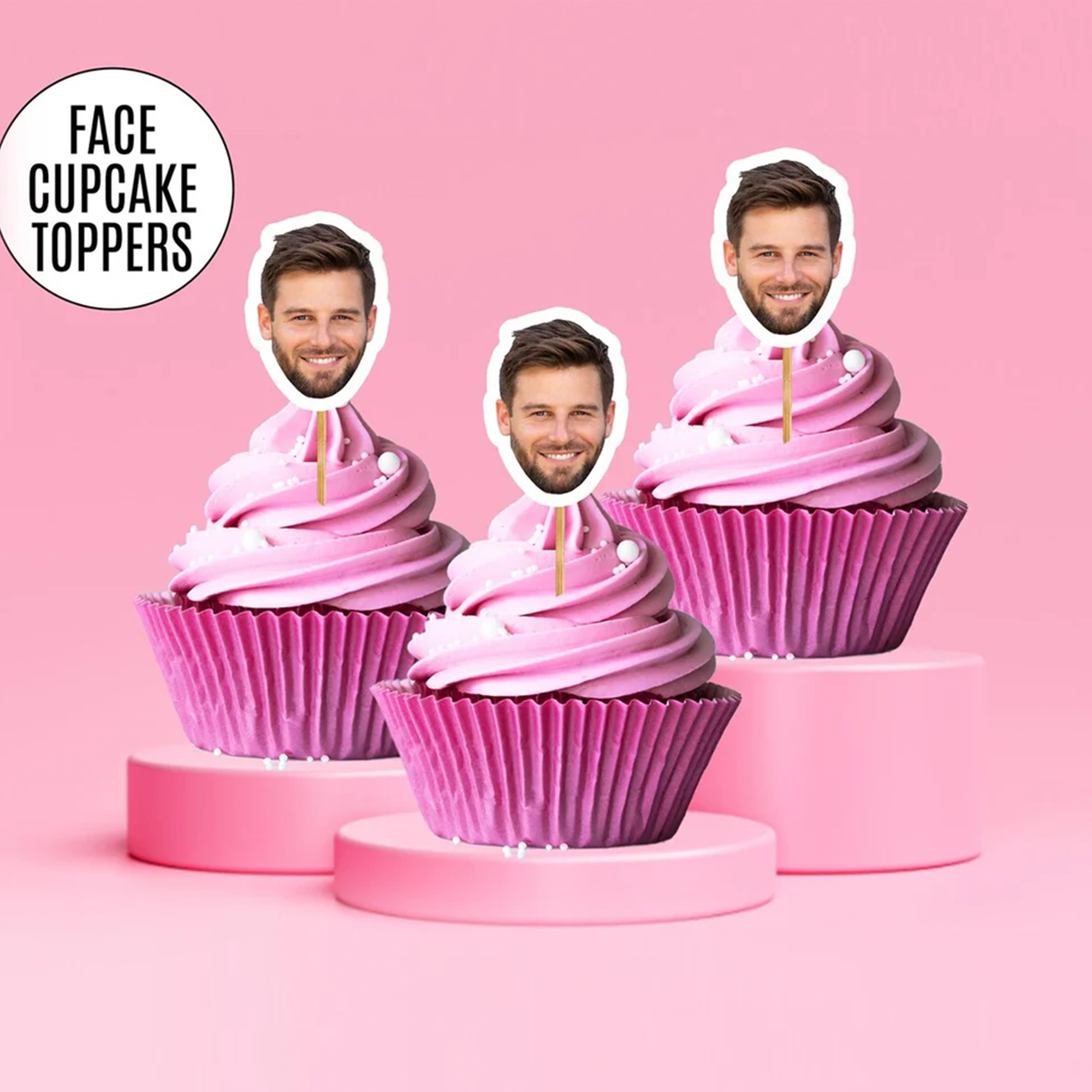 Custom face cupcake toppers with personalized photo cutouts and optional hats displayed on cupcakes for party or birthday celebrations